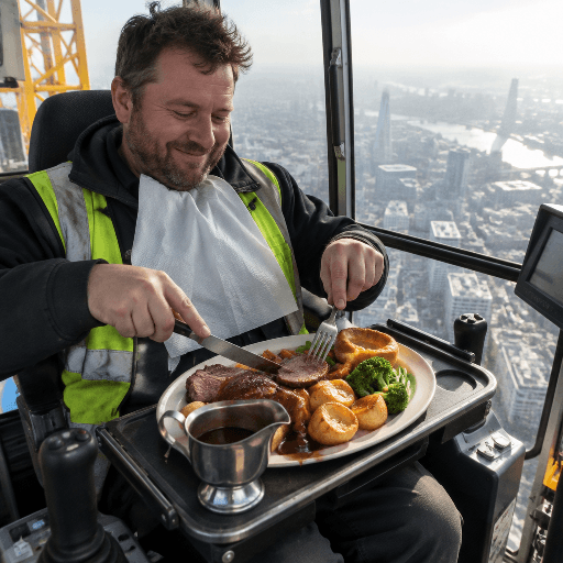 A tower-crane operator eats a roast dinner at his controls high above the city.