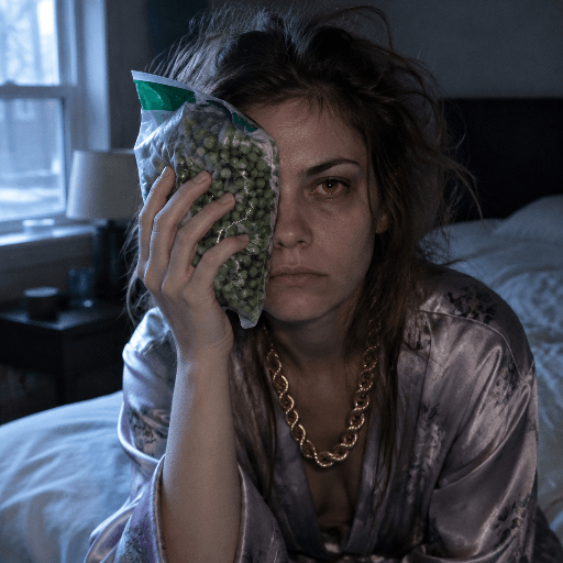 A woman in a silk robe presses a bag of frozen peas against one eye.