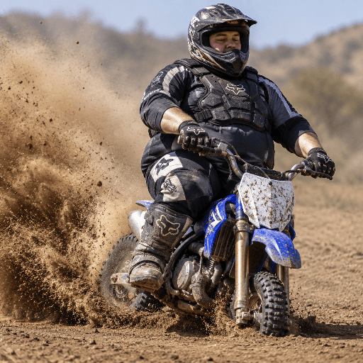 A motocross rider lands a small dirt bike with compressed suspension and a wall of dust.