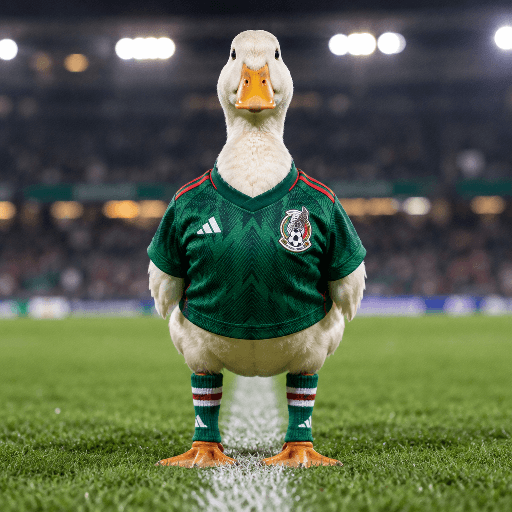 A duck in a green Mexico football kit stands on a floodlit pitch.