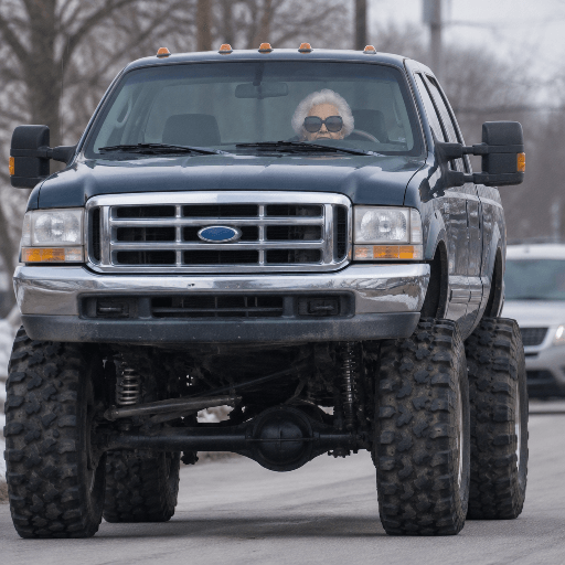 An elderly woman in enormous sunglasses drives a gigantic lifted pickup truck.